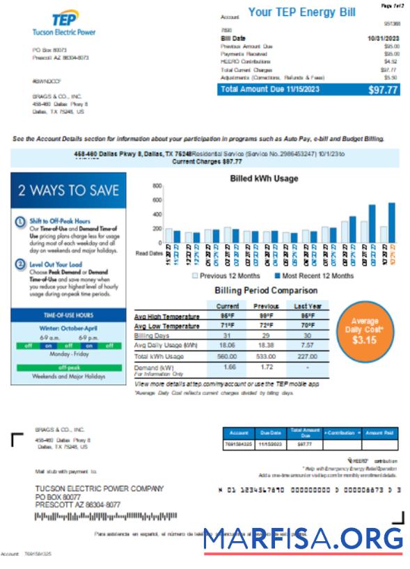 Printable Arizona Tucson Electric Power (TEP) utility bill, page 1 SCR template